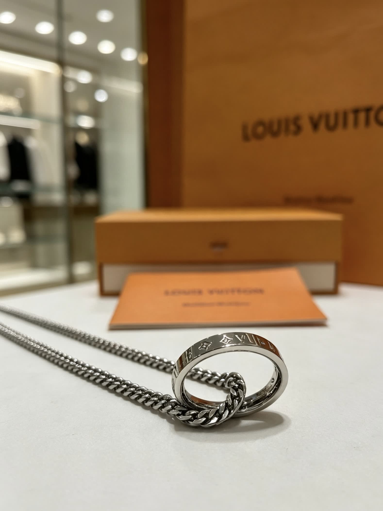 Louis Vuitton Silver Chain Necklace with Ring and Logo Charm